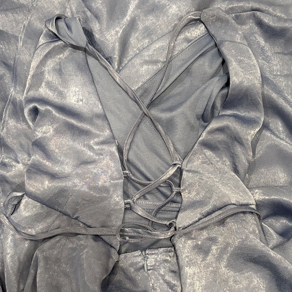 NWT Lulus In Love Forever Slate Blue Satin Lace-Up High-Low Maxi Dress - Picture 7 of 10